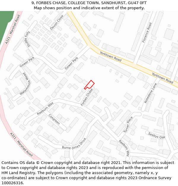 9, FORBES CHASE, COLLEGE TOWN, SANDHURST, GU47 0FT: Location map and indicative extent of plot