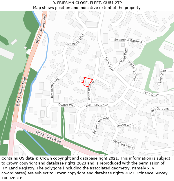 9, FRIESIAN CLOSE, FLEET, GU51 2TP: Location map and indicative extent of plot