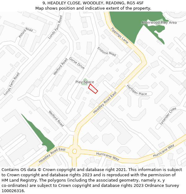 9, HEADLEY CLOSE, WOODLEY, READING, RG5 4SF: Location map and indicative extent of plot