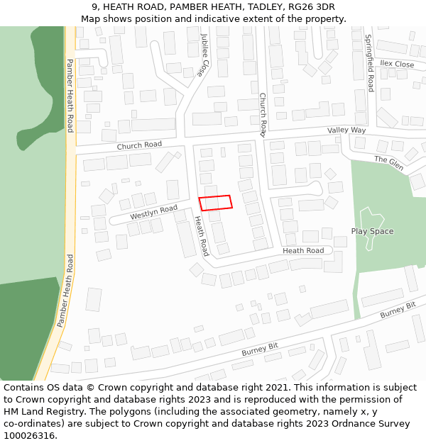 9, HEATH ROAD, PAMBER HEATH, TADLEY, RG26 3DR: Location map and indicative extent of plot