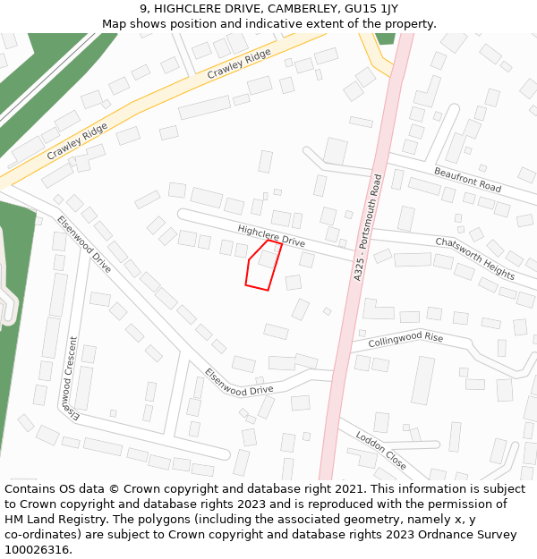 9, HIGHCLERE DRIVE, CAMBERLEY, GU15 1JY: Location map and indicative extent of plot