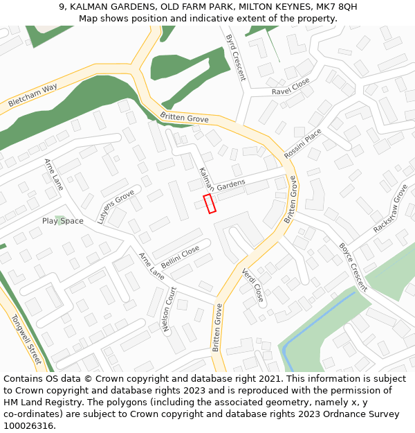 9, KALMAN GARDENS, OLD FARM PARK, MILTON KEYNES, MK7 8QH: Location map and indicative extent of plot