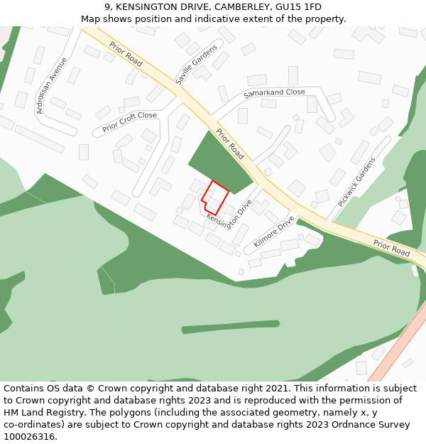 9, KENSINGTON DRIVE, CAMBERLEY, GU15 1FD: Location map and indicative extent of plot