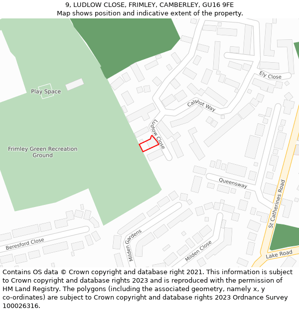 9, LUDLOW CLOSE, FRIMLEY, CAMBERLEY, GU16 9FE: Location map and indicative extent of plot