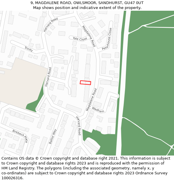 9, MAGDALENE ROAD, OWLSMOOR, SANDHURST, GU47 0UT: Location map and indicative extent of plot
