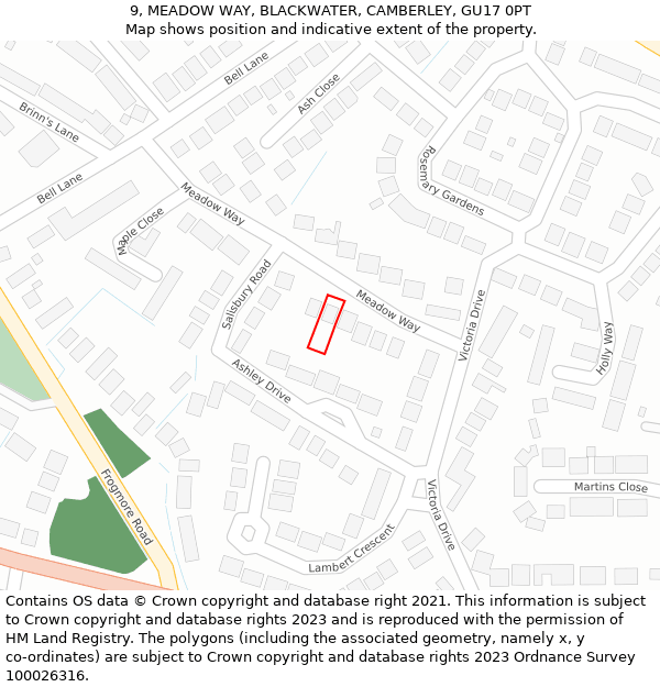 9, MEADOW WAY, BLACKWATER, CAMBERLEY, GU17 0PT: Location map and indicative extent of plot