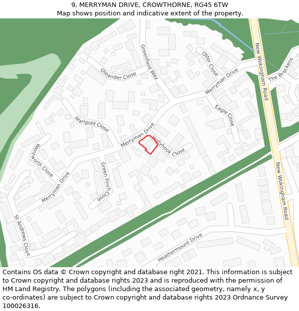 9, MERRYMAN DRIVE, CROWTHORNE, RG45 6TW: Location map and indicative extent of plot