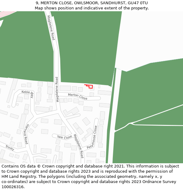 9, MERTON CLOSE, OWLSMOOR, SANDHURST, GU47 0TU: Location map and indicative extent of plot