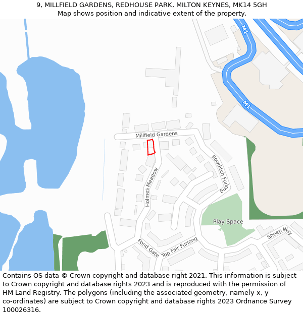 9, MILLFIELD GARDENS, REDHOUSE PARK, MILTON KEYNES, MK14 5GH: Location map and indicative extent of plot