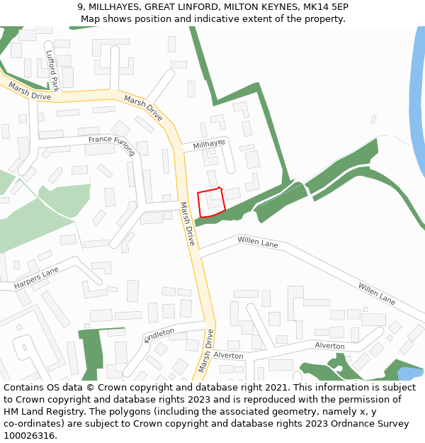 9, MILLHAYES, GREAT LINFORD, MILTON KEYNES, MK14 5EP: Location map and indicative extent of plot