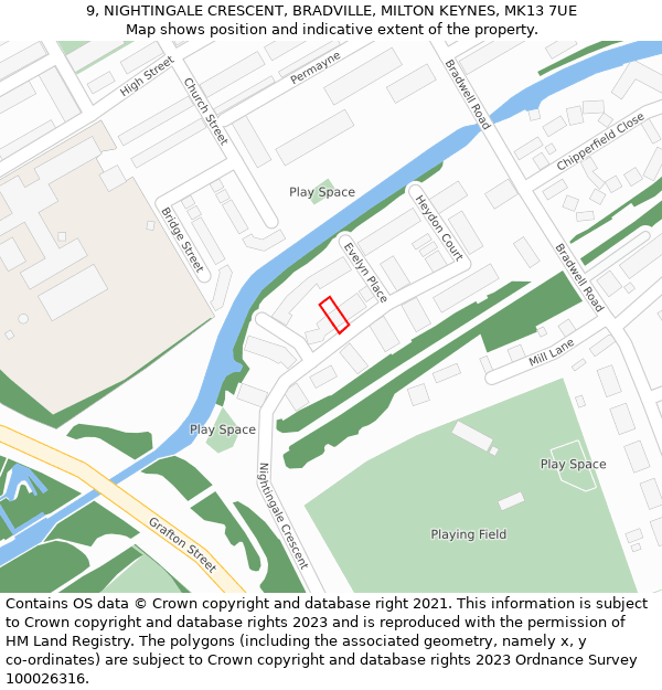 9, NIGHTINGALE CRESCENT, BRADVILLE, MILTON KEYNES, MK13 7UE: Location map and indicative extent of plot