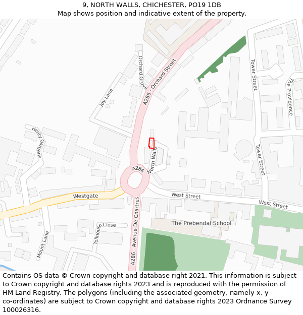 9, NORTH WALLS, CHICHESTER, PO19 1DB: Location map and indicative extent of plot