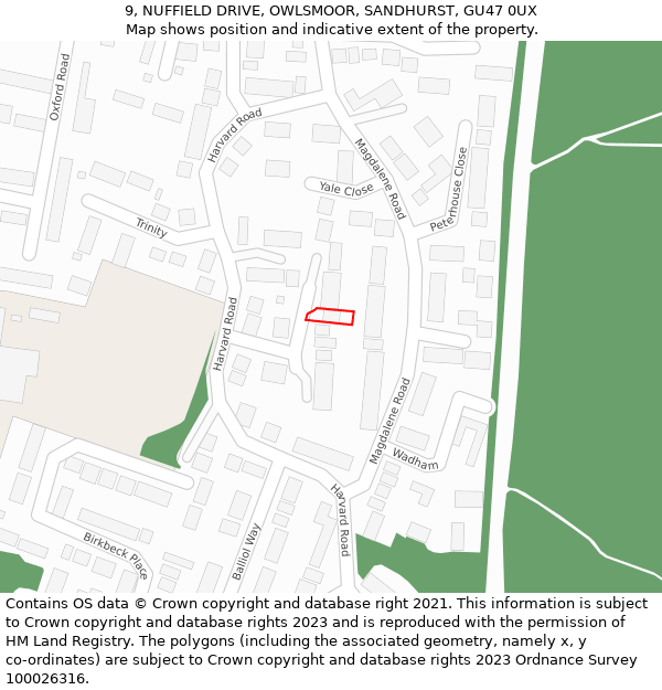 9, NUFFIELD DRIVE, OWLSMOOR, SANDHURST, GU47 0UX: Location map and indicative extent of plot