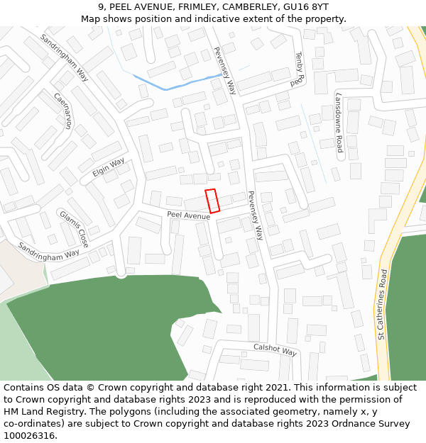 9, PEEL AVENUE, FRIMLEY, CAMBERLEY, GU16 8YT: Location map and indicative extent of plot