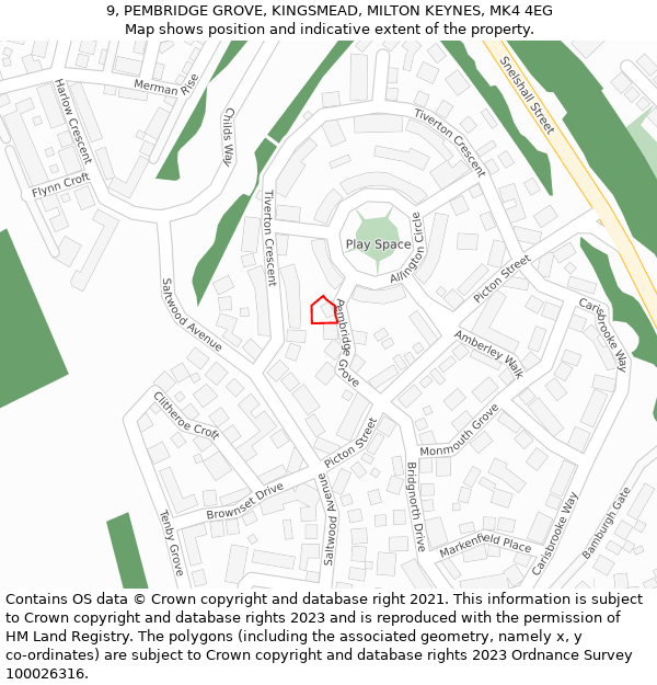 9, PEMBRIDGE GROVE, KINGSMEAD, MILTON KEYNES, MK4 4EG: Location map and indicative extent of plot
