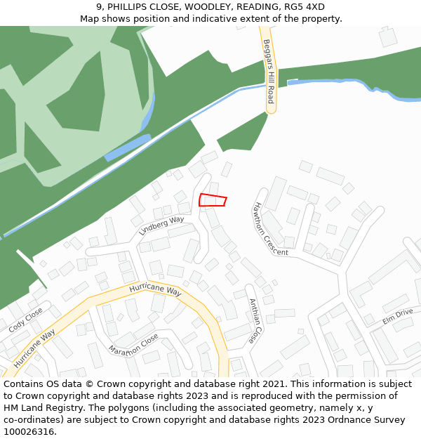 9, PHILLIPS CLOSE, WOODLEY, READING, RG5 4XD: Location map and indicative extent of plot