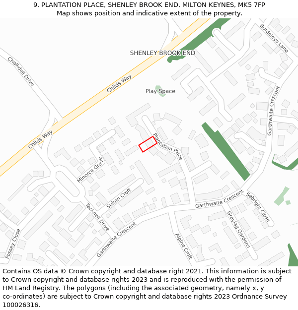 9, PLANTATION PLACE, SHENLEY BROOK END, MILTON KEYNES, MK5 7FP: Location map and indicative extent of plot