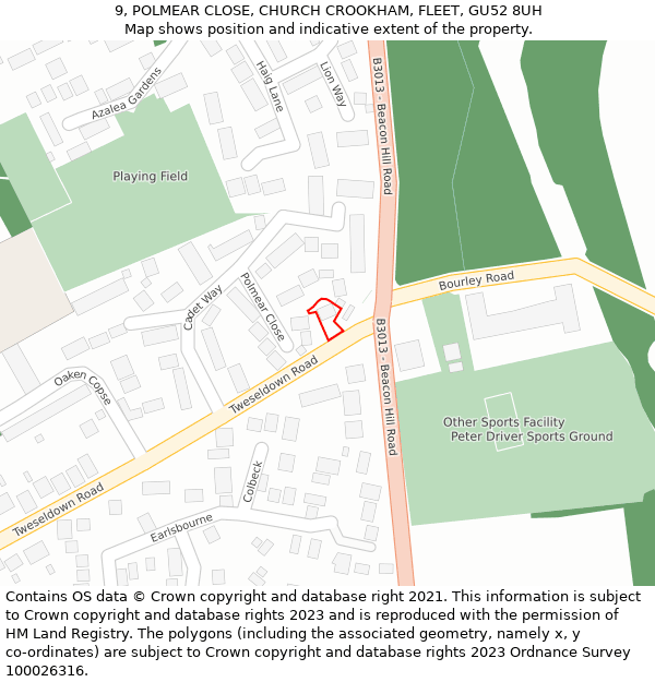 9, POLMEAR CLOSE, CHURCH CROOKHAM, FLEET, GU52 8UH: Location map and indicative extent of plot