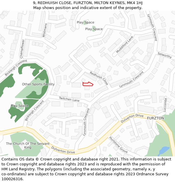 9, REDHUISH CLOSE, FURZTON, MILTON KEYNES, MK4 1HJ: Location map and indicative extent of plot