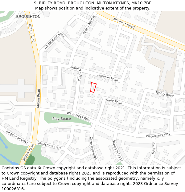 9, RIPLEY ROAD, BROUGHTON, MILTON KEYNES, MK10 7BE: Location map and indicative extent of plot