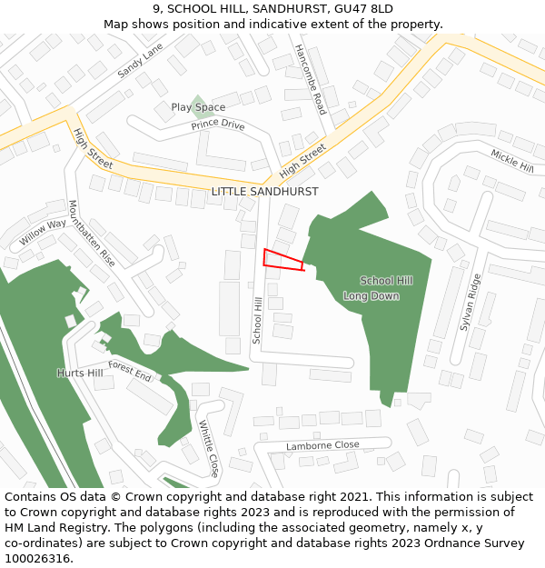 9, SCHOOL HILL, SANDHURST, GU47 8LD: Location map and indicative extent of plot