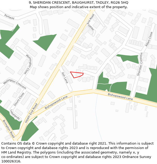 9, SHERIDAN CRESCENT, BAUGHURST, TADLEY, RG26 5HQ: Location map and indicative extent of plot