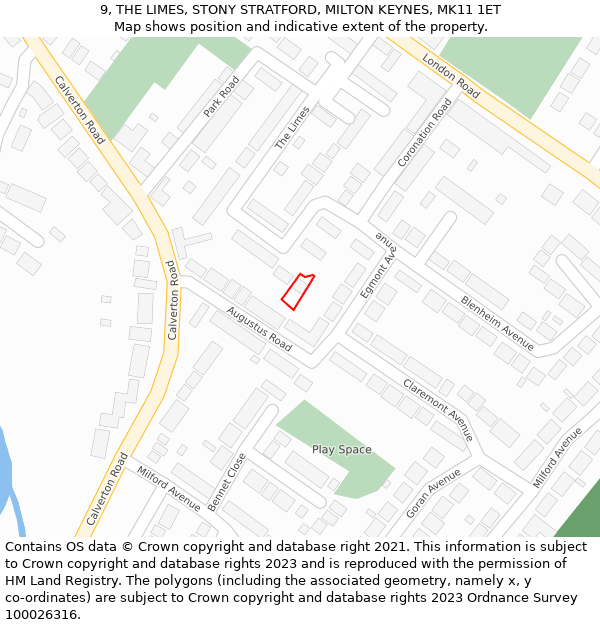 9, THE LIMES, STONY STRATFORD, MILTON KEYNES, MK11 1ET: Location map and indicative extent of plot