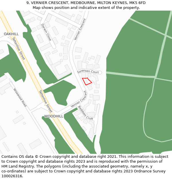 9, VERNIER CRESCENT, MEDBOURNE, MILTON KEYNES, MK5 6FD: Location map and indicative extent of plot