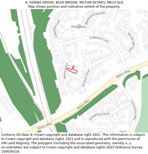 9, VIENNA GROVE, BLUE BRIDGE, MILTON KEYNES, MK13 0LQ: Location map and indicative extent of plot