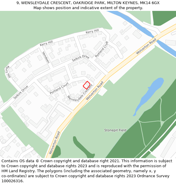 9, WENSLEYDALE CRESCENT, OAKRIDGE PARK, MILTON KEYNES, MK14 6GX: Location map and indicative extent of plot