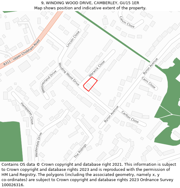 9, WINDING WOOD DRIVE, CAMBERLEY, GU15 1ER: Location map and indicative extent of plot