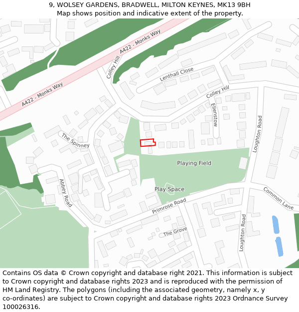 9, WOLSEY GARDENS, BRADWELL, MILTON KEYNES, MK13 9BH: Location map and indicative extent of plot