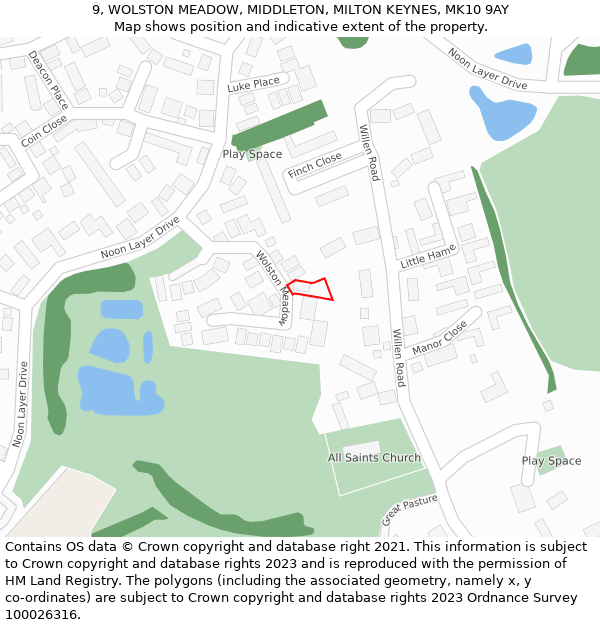 9, WOLSTON MEADOW, MIDDLETON, MILTON KEYNES, MK10 9AY: Location map and indicative extent of plot