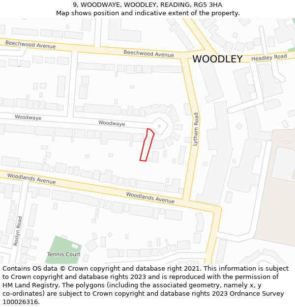 9, WOODWAYE, WOODLEY, READING, RG5 3HA: Location map and indicative extent of plot