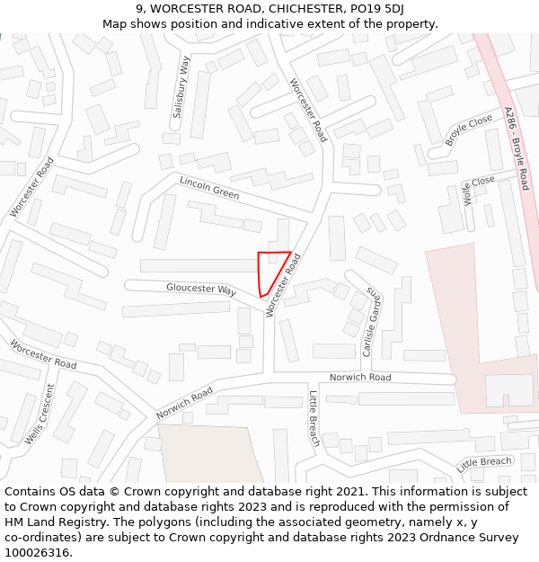 9, WORCESTER ROAD, CHICHESTER, PO19 5DJ: Location map and indicative extent of plot