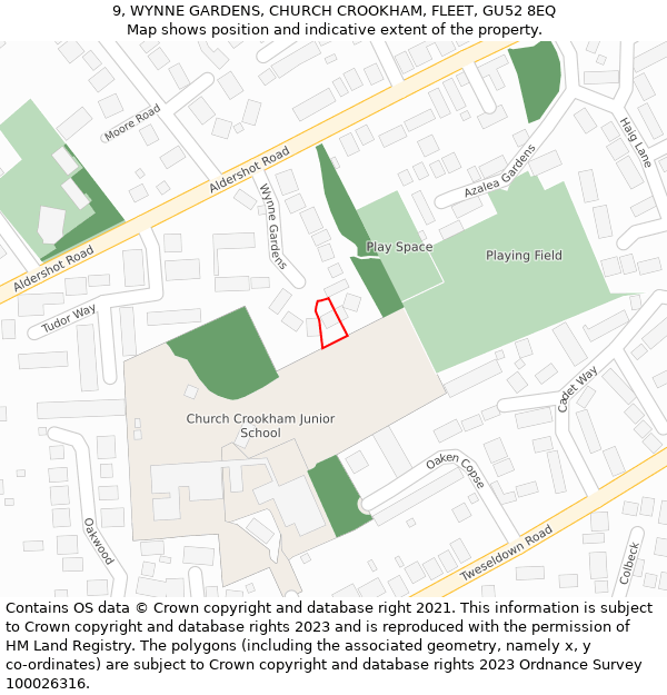 9, WYNNE GARDENS, CHURCH CROOKHAM, FLEET, GU52 8EQ: Location map and indicative extent of plot