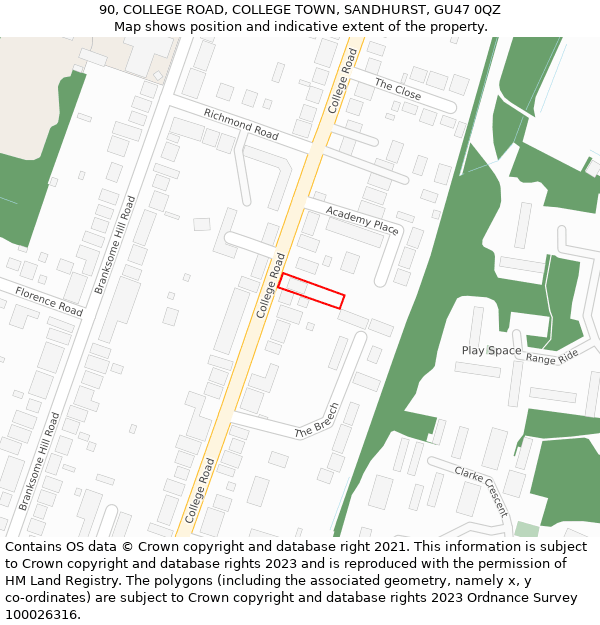 90, COLLEGE ROAD, COLLEGE TOWN, SANDHURST, GU47 0QZ: Location map and indicative extent of plot