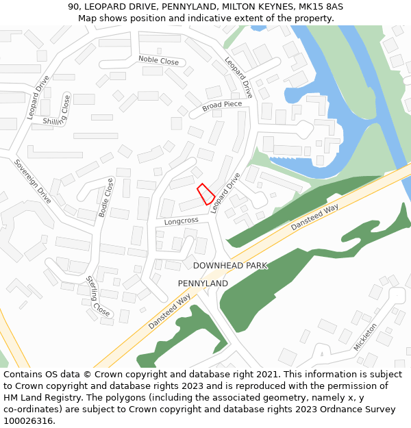 90, LEOPARD DRIVE, PENNYLAND, MILTON KEYNES, MK15 8AS: Location map and indicative extent of plot