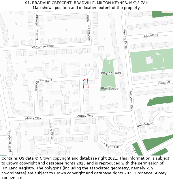 91, BRADVUE CRESCENT, BRADVILLE, MILTON KEYNES, MK13 7AH: Location map and indicative extent of plot
