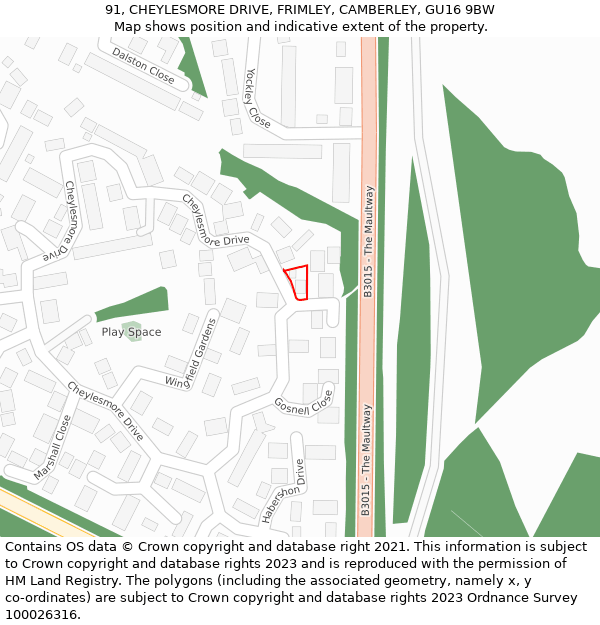 91, CHEYLESMORE DRIVE, FRIMLEY, CAMBERLEY, GU16 9BW: Location map and indicative extent of plot