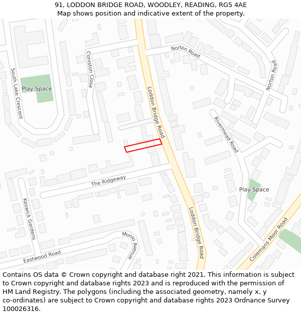 91, LODDON BRIDGE ROAD, WOODLEY, READING, RG5 4AE: Location map and indicative extent of plot