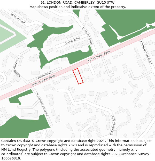 91, LONDON ROAD, CAMBERLEY, GU15 3TW: Location map and indicative extent of plot