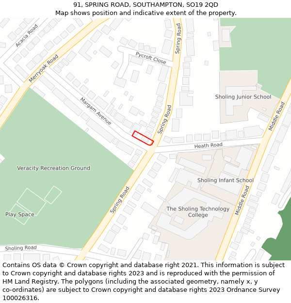 91, SPRING ROAD, SOUTHAMPTON, SO19 2QD: Location map and indicative extent of plot