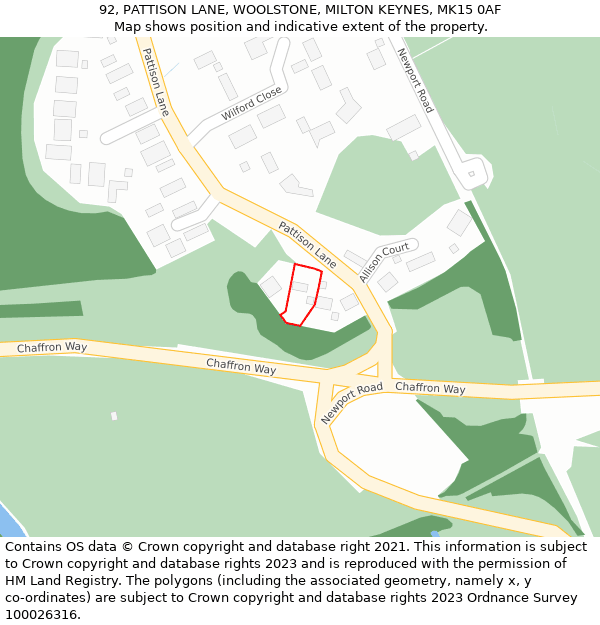 92, PATTISON LANE, WOOLSTONE, MILTON KEYNES, MK15 0AF: Location map and indicative extent of plot