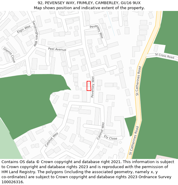 92, PEVENSEY WAY, FRIMLEY, CAMBERLEY, GU16 9UX: Location map and indicative extent of plot