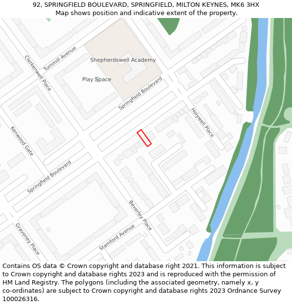 92, SPRINGFIELD BOULEVARD, SPRINGFIELD, MILTON KEYNES, MK6 3HX: Location map and indicative extent of plot