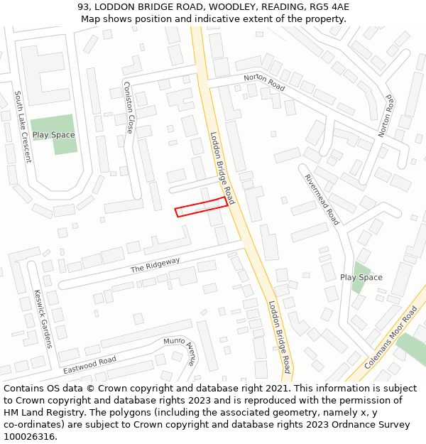 93, LODDON BRIDGE ROAD, WOODLEY, READING, RG5 4AE: Location map and indicative extent of plot