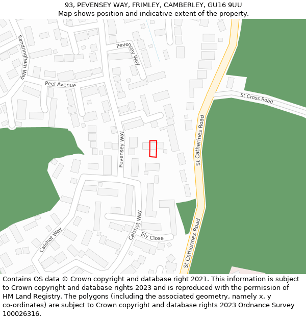 93, PEVENSEY WAY, FRIMLEY, CAMBERLEY, GU16 9UU: Location map and indicative extent of plot