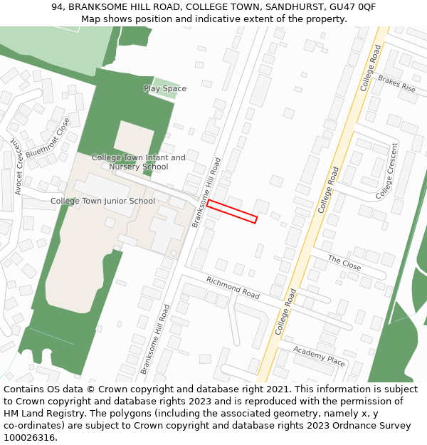 94, BRANKSOME HILL ROAD, COLLEGE TOWN, SANDHURST, GU47 0QF: Location map and indicative extent of plot