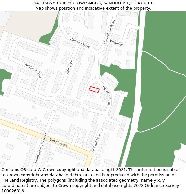 94, HARVARD ROAD, OWLSMOOR, SANDHURST, GU47 0UR: Location map and indicative extent of plot